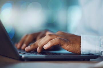 Image showing Hands, accountant and typing on laptop, working on project and online research at night. Computer, hand and accounting professional, business auditor or employee writing email for office deadline.