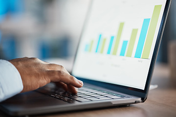 Image showing Hands, seo and typing on laptop graphs, working on project and internet infographics. Computer, marketing professional and business person with data, analytics and charts for advertising analysis.