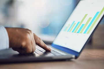 Image showing Hands, seo and typing on laptop for data, working on project and infographics. Computer, marketing professional and business person with graphs, analytics and charts for advertising analysis closeup.