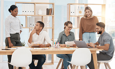 Image showing Group, business people and staff brainstorming, planning and conversation for a project, research and discussion. Coworkers, team and men with women, creative and collaboration with startup agency