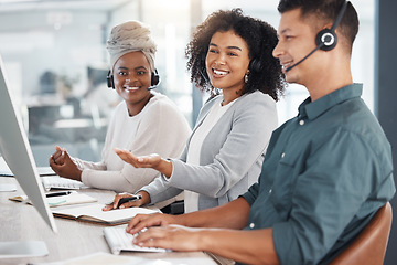 Image showing Call center, computer and consultant colleagues working together in an office for assistance. Contact us, crm or customer service with a telemarketing team at work using the internet to help clients