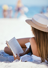 Image showing Beach, reading a book and woman relax, summer vacation and getaway on a weekend break, peace and sand. Female person, reader and girl on a seaside holiday, tropical island and travel with literature