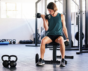 Image showing Fitness, dumbbells and man exercise in gym, training and workout for muscle growth. Sports, bodybuilder and athlete weightlifting for power, health and wellness, energy and challenge for strong arms.