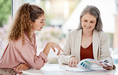 Image showing Business meeting, woman and clients for color choice, graphic design advice or brand development. Creative agency, happy senior manager or people consulting, talking and branding process or documents