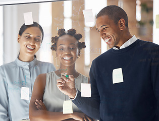 Image showing Writing, creative and business people on glass board for teamwork schedule, project priority and reminder or solution. Sticky notes, collaboration and happy women, man and team, scrum and agile ideas