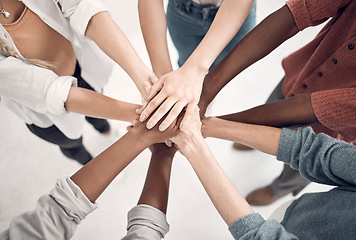 Image showing Teamwork, hands of people together in huddle for support, strategy and collaboration at start up. Team, coworking and hand circle with trust, group of staff working with cooperation and diversity.