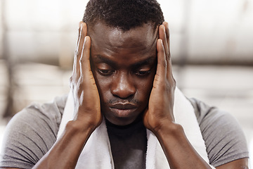 Image showing Fitness, stress and black man with exercise, headache and workout with training, tired and fatigue. Male person, guy or athlete with mental health issue, anxiety or burnout with sports and frustrated