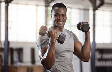 Image showing Exercise, dumbbells and portrait of a black man at gym for fitness, training workout and strong muscle. African athlete or bodybuilder person with weights for bicep power and performance at a club