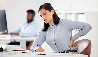 Image showing Business, back pain and woman with burnout, health issue and muscle strain with professional, overworked and stress. Female person, employee and consultant with tension, inflammation and spine injury