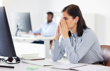 Image showing Woman, frustrated and working on computer with customer service, support online crm consulting. Businesswoman, anxiety and stress at work with communication, email or internet mistake in office