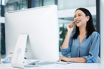 Image showing Happy woman, call center and laughing in customer service, funny discussion or joke at office. Friendly female person or consultant agent laugh with smile in fun consulting or contact us at workplace