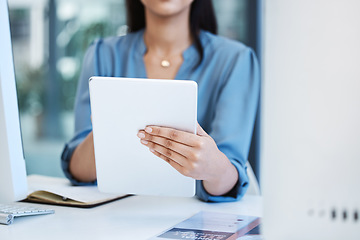 Image showing Business person, hand and tablet closeup for communication, social media or internet in office. Entrepreneur woman with tech for network research app, internet connection and planning or analytics