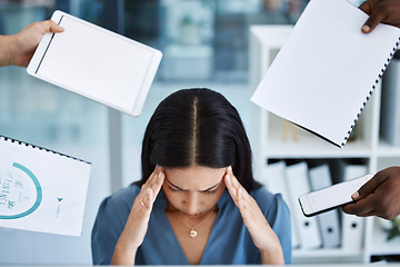 Image showing Headache, stress and multitask business woman with time management problem, tablet mockup and documents. Questions, phone call and chaos of professional team manager, migraine pain and people hands