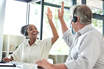 Image showing Success, high five and call center with business people in office for consulting, deal and sales promotion. Winner, achievement and goals with man and black woman for customer service and help desk