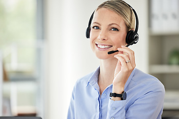 Image showing Consultant, portrait of woman call center agent and with headset at her workplace office. Telemarketing or customer service, networking or support and female person happy for crm at workspace