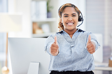 Image showing Call center, portrait and woman with thumbs up for telemarketing, customer service excellence or support. Face, contact us or African sales agent with like hand emoji for success, thank you and smile