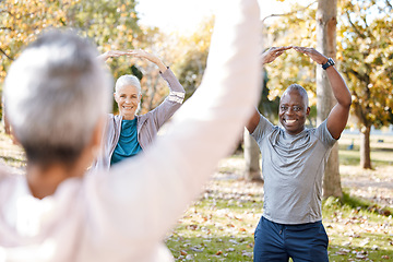 Image showing Stretching, yoga and peace with old people in park for fitness, health or workout. Mindfulness, training and zen with senior class and meditation in nature for pilates, balance and spiritual wellness