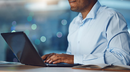 Image showing Hands, accountant and man typing on laptop, working on project and online research at night. Computer, hand and accounting professional, business auditor or employee writing email for office deadline