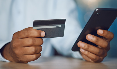 Image showing Closeup, smartphone and hands with a credit card, black man and ecommerce with banking, online shopping and finance. Male person, customer and shopper with a cellphone, purchase and app with payment