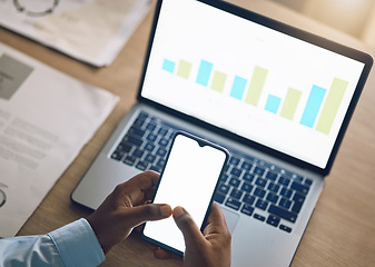 Image showing Phone space, business person and data analysis on laptop screen, financial research and increase or growth in graphs. Charts, stats and financial people hands on mobile app, ux ui mockup and computer