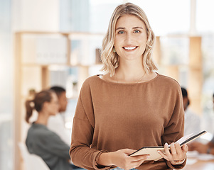Image showing Portrait, business and woman with notebook, smile and planning with startup success, leadership and creativity. Face, female person and employee with a diary, schedule and planner with a professional