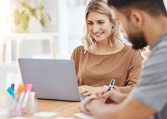 Image showing Laptop, meeting or planning with a business woman and her team in the boardroom for upskill development. Collaboration, teamwork and meeting with a female employee at work on a computer in the office