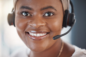 Image showing Face, call center and black woman, smile and telemarketing, customer service and business support. Portrait, contact us and sales agent, consultant or crm professional from South Africa at help desk.