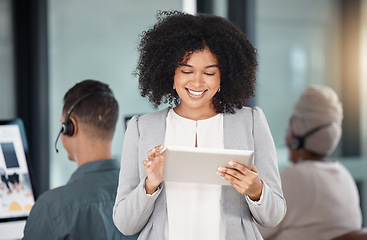 Image showing Call center, tablet and business woman smile for customer service, support or telemarketing. Technology, sales agent and African female consultant working at help desk for crm, email and advisory app