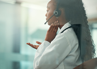Image showing Call center, healthcare support and doctor for telehealth service, thyroid exam and virtual consultation. African woman or medical agent on video chat consulting, helping or sick advice for throat