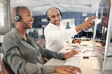 Image showing Teamwork, call center and computer for advice or help with account information or sales. Black man and person on training or coaching for customer service ,telemarketing or help desk consultant at pc