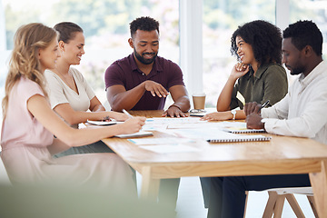 Image showing Documents, business meeting and people in creative startup, project management and review of company report. Diversity, group and manager talking to women, men to team in office planning of paperwork