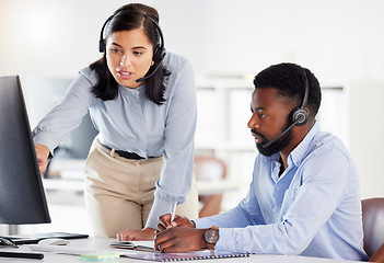 Image showing Call center, manager helping agent and training with mentor, telemarketing and customer service. Staff, black man and woman with computer, advice for system and tech support with conversation and crm