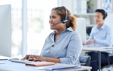 Image showing Call center, happy and woman consulting for crm, faq or contact us in office with friendly service. Telemarketing, smile and female consultant online for customer support, virtual help or assistance