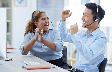 Image showing Success, winner and call center with business people in office for achievement, bonus and deal. News, wow and celebration with asian man and woman for customer service, target and telemarketing sales