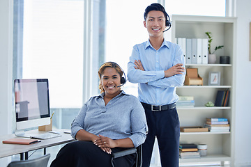 Image showing Call center, happy and portrait of business people in office for customer service, contact us and telemarketing. Smile, advice and help desk with Asian man and woman for communication and networking