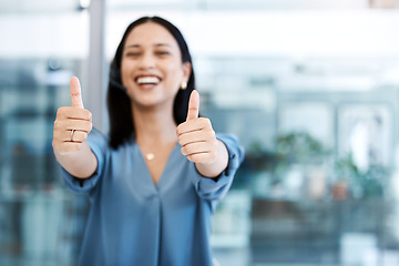 Image showing Happy woman, call center and hands in thumbs up for success, winning or approval at office. Portrait of female person, consultant or agent with thumb emoji, yes sign or like for good job at workplace