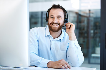 Image showing Happy man, call center and portrait smile in customer service, support or telemarketing at office. Friendly businessman, consultant or agent smiling in online advice or virtual assistant at workplace