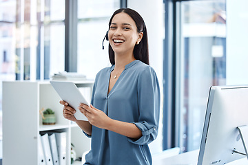 Image showing Smile, tablet and call center woman in office with a headset, internet connection and database app. Latino person or consultant laughing for funny crm communication, telemarketing or customer service