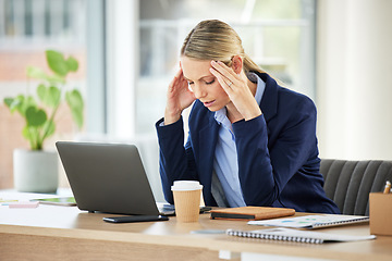 Image showing Professional, woman and working and frustrated with a headache in the office with entrepreneur. Stress, burnout and business person with fatigue, anxiety at a workplace with 404 glitch on laptop.