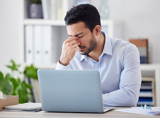 Image showing Headache, laptop or businessman frustrated with financial crisis, stress or depression in office with fatigue. Burnout, migraine pain or depressed manager worried by mistake, tax risk or debt revenue