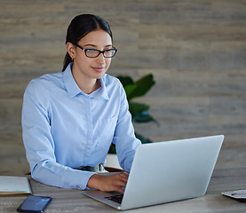 Image showing Laptop, typing and business woman, analyst or professional employee for market research or company review. Search, working and person in glasses on computer for management software or project report