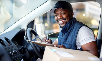 Image showing Delivery man, transport and portrait of a man writing with a smile in window for shipping or courier service. Happy black person or driver with cardboard package to sign paper in van or cargo vehicle