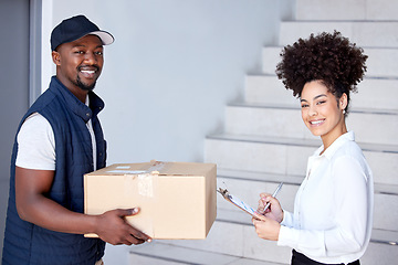 Image showing Delivery, box and portrait of man with woman for shipping, logistics and distribution service. Ecommerce, online shopping and happy male courier deliver box, parcel and order for client signature