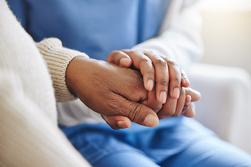 Image showing Senior patient, nurse and holding hands for support, healthcare or empathy at nursing home. Elderly person and caregiver together for trust, homecare and counseling or help for health in retirement