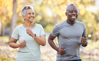 Image showing Health, smile and running with old couple in park for fitness, workout and exercise. Wellness, retirement and happy with senior black man and woman training in nature for motivation, sports or cardio