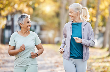 Image showing Health, friends and running with old women in park for fitness, workout and exercise. Wellness, retirement and happy with senior people training in nature for motivation, sports and cardio