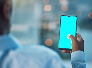 Image showing Back, black man and phone with mockup screen, space and typing for social media app, search and internet blog. Hand, smartphone and mock up for branding, promo or logo with blank ux, chat and night