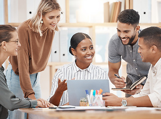 Image showing Laptop, meeting and a business woman talking to her team in the boardroom for planning or strategy. Collaboration, coaching and presentation with a female employee training an employee group at work