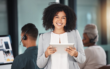 Image showing Call center, tablet and business woman, portrait and customer service, support or telemarketing. Technology, sales agent and happy face of African consultant at help desk for crm, email or leadership