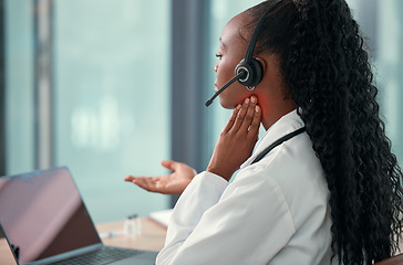 Image showing Call center, healthcare and doctor helping, red throat and overlay for telehealth service, thyroid exam or virtual support. African woman or medical agent on laptop, web video and throat pain advice